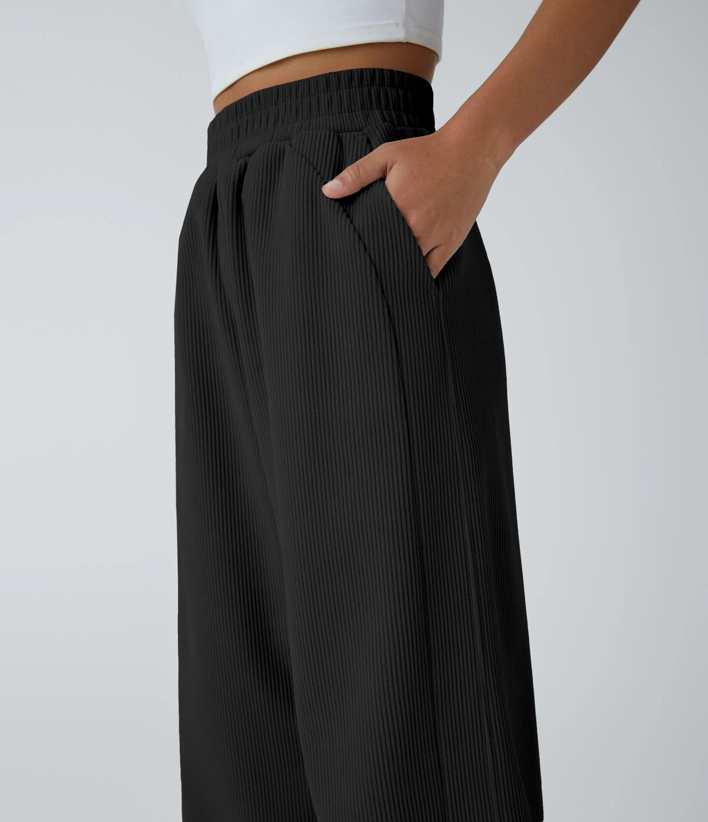 INDIA/Pantalones casuales rectos de pana de cintura alta con bolsillos